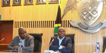Left MEC for Community Safety, Security, and Liaison Jackie Macie. On the right NDM  executive mayor Thomas Ngwenya.