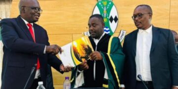 MEC Bonakele Majuba, mayor Vusi Nhlapho (middle) and municipal manager Sizwe Mayisela (right).