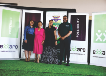 FROM LEFT: Tumi Motlana (Exxaro Manager for Social Development), Victor Khanye Circuit Manager Linah Ngwenya, Tebogo Leepile (Exxaro Group Manager for Social Impact), and Lebang Nong (GoMaths)