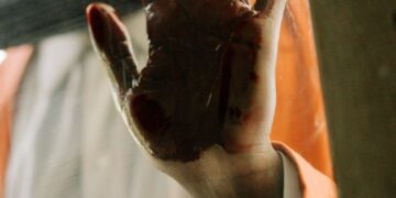A blood-covered hand pressed against a glass surface evokes horror and suspense.